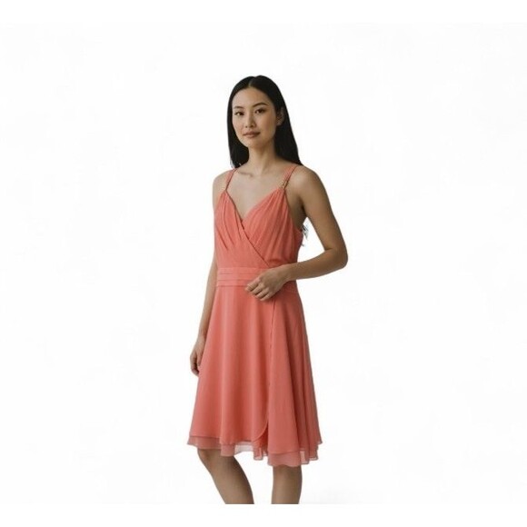 White House Black Market Pleated Midi Dress V-Neck Pleated Bodice Size 16 Coral - Picture 1 of 15
